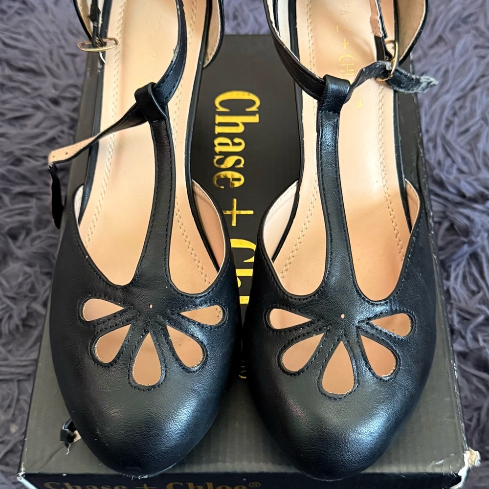 Chase + Chloe Black Cutout T-Strap Heels